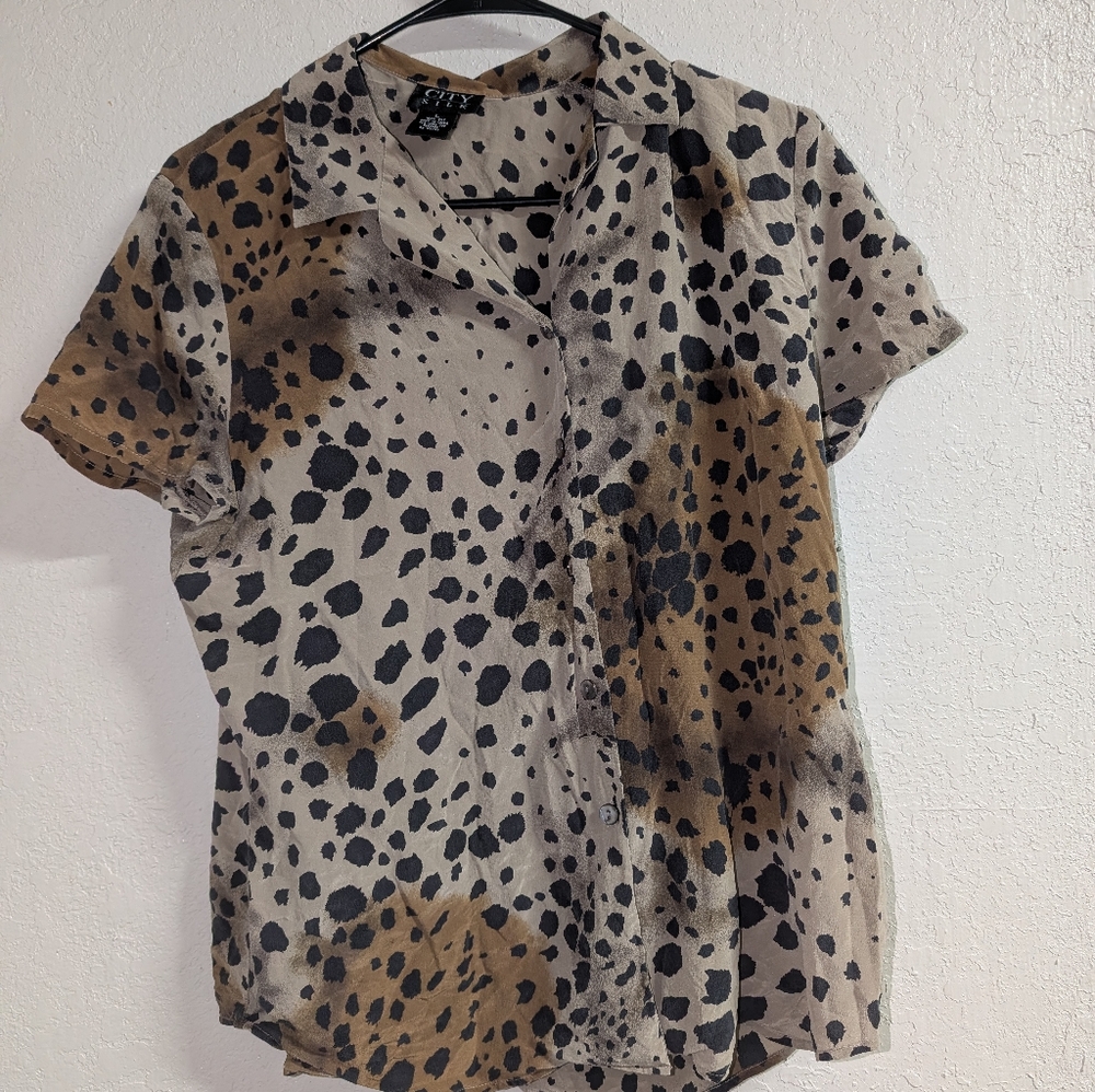 Leopard Animal Print Button-Up Blouse L Silk Brown Black Short Sleeve Maximalist